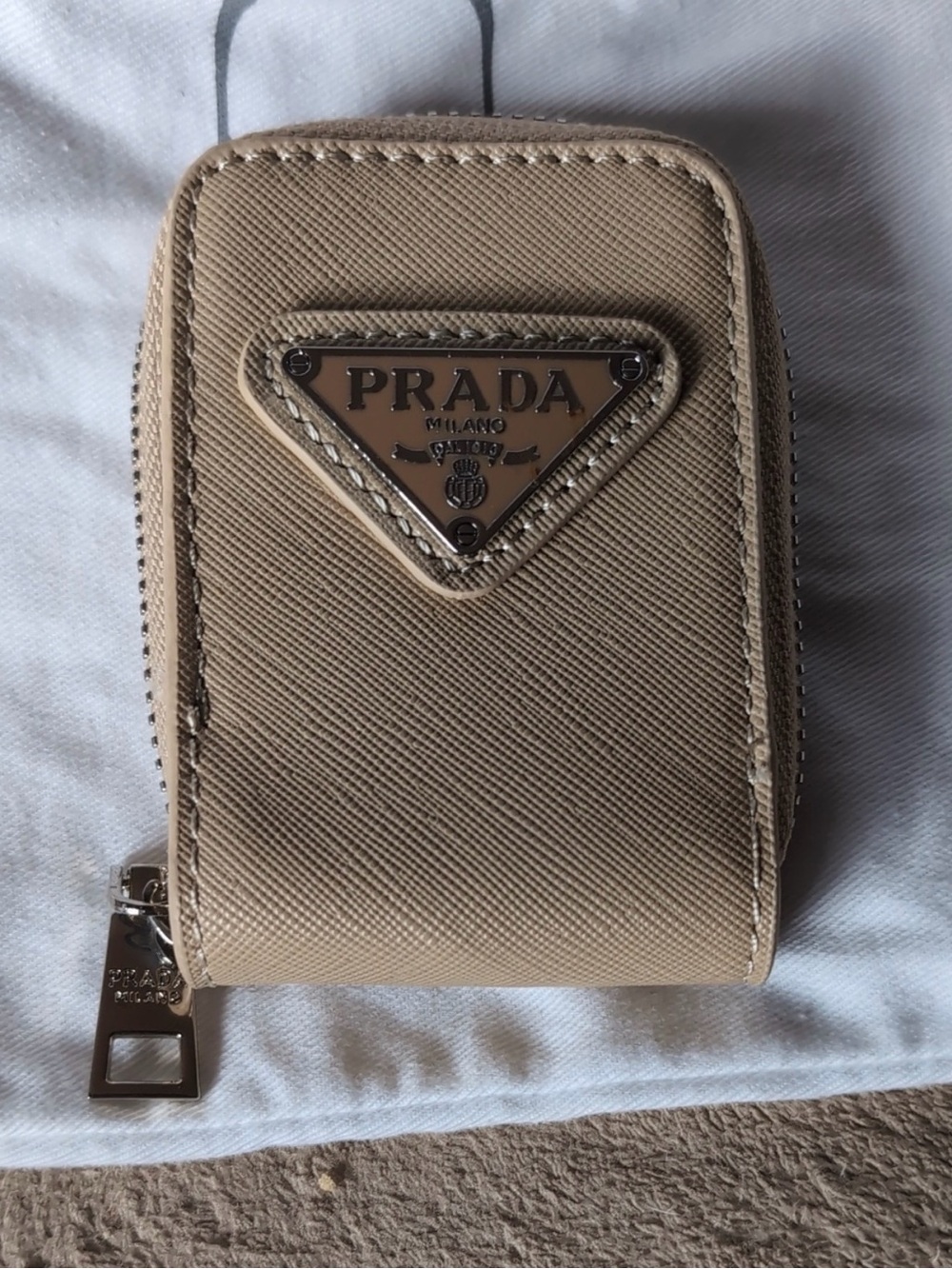 Prada Beige Saffiano Zip Card Case Wallet for Men